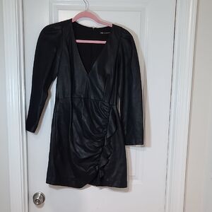Zara Black Leather V-Neck Jacket Dress